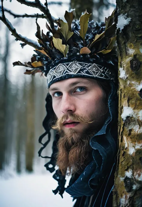 Portrait photography, a young man, dressed as Ukko god of the sky, sharp detailing, masterpiece, sharp focus face, half face in dark shadow, high contrast, vibrant colors, finland, folk, fertility, lust, Häme, beech tree, frost, dressed as Ukko god of the sky,