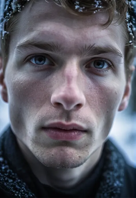 face Portrait photography, a young thin man, finland, sharp detailing, masterpiece, sharp focus face, half face in dark shadow, high contrast, vibrant colors, folk, fertility, lust, Häme, beech tree, frost, mystical, magical, motion, movement, flowing, speed, traction, punch, focus on face