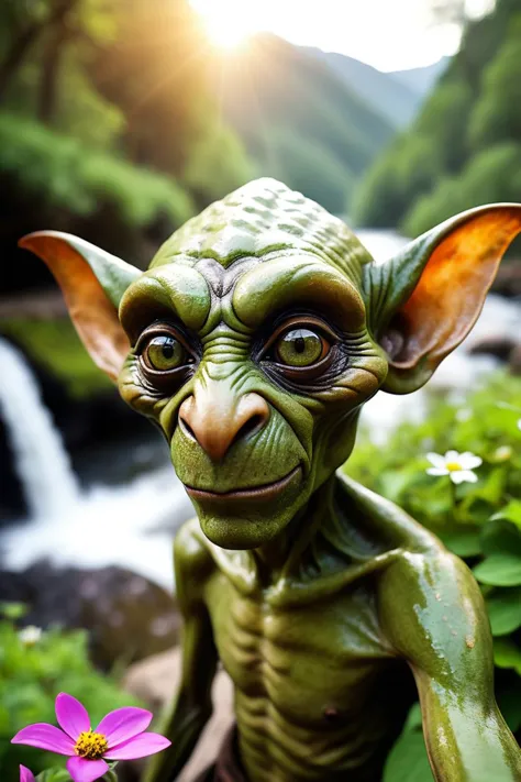 close up face portrait of a realistic skinny male mottled green brown hobgoblin, huge ears, looking at viewer, grabbing hand towards viewer, in a stunning panoramic landscape where a giant dreamy waterfall creates a river, the trees around are starting to bloom in a great variety of colors, abundance of wild flowers, mischievous, quirky, bawdy, a ray of light from sunset the is brightening them, magical, mystical, mysterious, (perfectly-lit, crisp focus, absurdres, 8k UHD, HDR, vivid color, depth of field, contrast, clarity, balance, sharp focus, in focus), idyllic, evanescent, evocative, motion, movement, flowing, dynamic, punch, detailed, professional, bokeh, sharp focus eyes