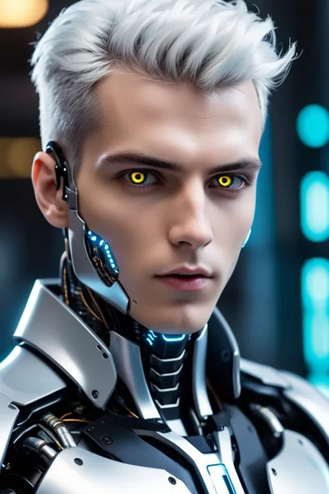 epic cyberpunk android young male model robot, silver eyes, (perfectly-lit, crisp focus, absurdres, 8k UHD, HDR, vivid color, depth of field, contrast, clarity, balance)