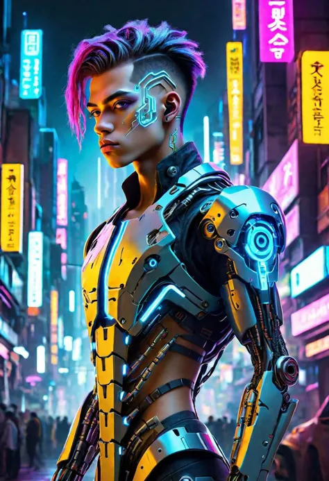 Create a striking image of a cyborg cyberpunk teenager male. He should have a futuristic and edgy appearance with a blend of human and machine elements. His cybernetic enhancements should be intricately detailed, seamlessly integrated with her human features. The neon-lit, dystopian cityscape behind her should add to the atmosphere, casting vibrant, colorful reflections on his sleek, metallic body. The overall image should evoke a sense of high-tech, urban coolness and intrigue, with a focus on the contrast between his organic and mechanical components. Make sure to capture the essence of cyberpunk aesthetics with glowing neon lights, futuristic fashion, and a captivating, intense gaze vibrant colors, intricate details, stunning realism, 32k resolution, captivating eyes, edgy allure, cyberpunk masterpiece.