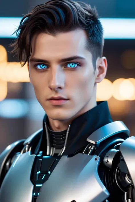 epic cyberpunk android young male model robot, silver eyes, (perfectly-lit, crisp focus, absurdres, 8k UHD, HDR, vivid color, depth of field, contrast, clarity, balance)