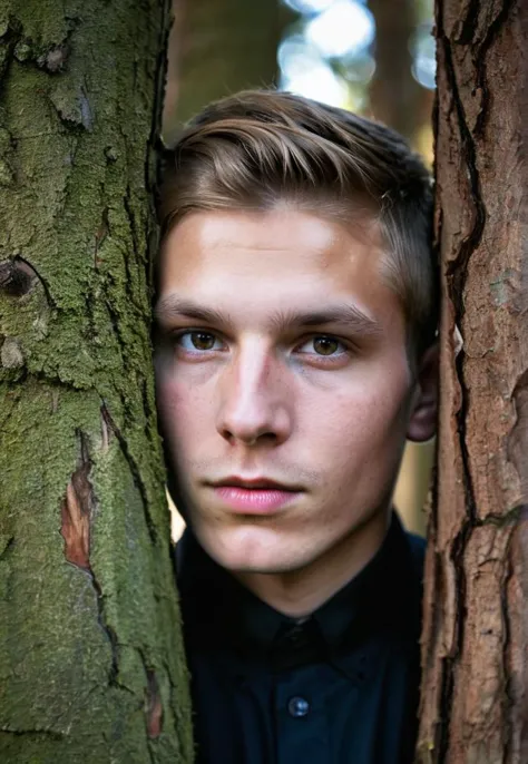 Portrait photography, a young man, sharp detailing, masterpiece, sharp focus face, half face in shadow, high contrast, vibrant colors, folk, finland, fertility, banyan tree