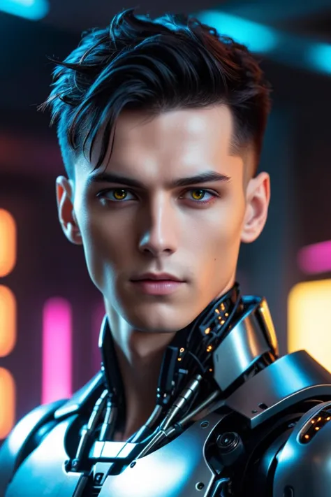 epic cyberpunk android young male model robot, (perfectly-lit, crisp focus, absurdres, 8k UHD, HDR, vivid color, depth of field, contrast, clarity, balance)