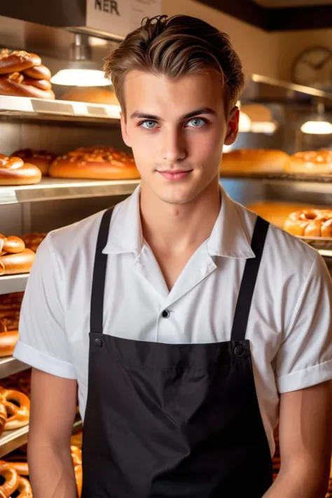 candid photograph of a German young adult male pretzel baker, cluttered bakery, detailed eyes, (perfectly-lit, crisp focus, absurdres, 8k UHD, HDR, vivid color, depth of field, contrast, clarity, balance)