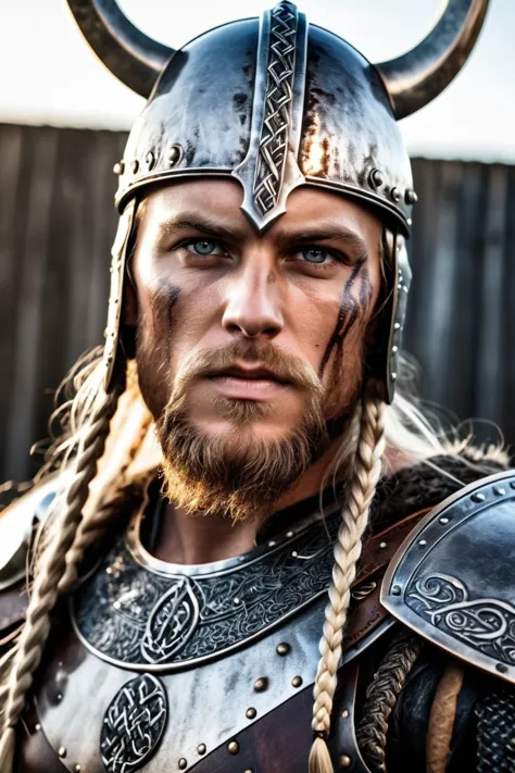 epic portrait of a viking warrior, shiny metal, grime, just returned from battle scene, intricately detailed