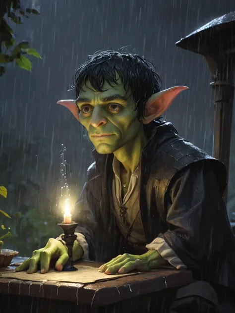 fantasy style 2.5D illustration of solo male Goblin Scribe with stubble and Black Bangs , Average build, Direct stare,  turned away, Floating, during nighttime, in a fantasy medieval outdoors raining and wet, best quality, amazing quality, best aesthetic, absurdres