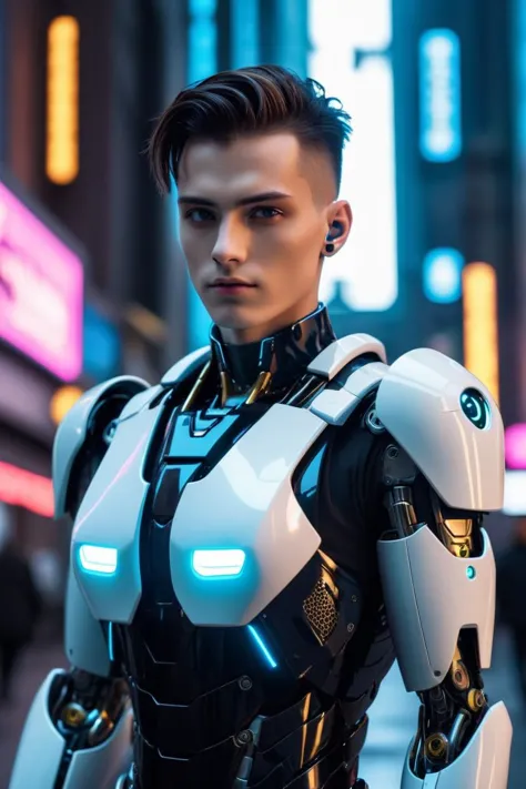 epic cyberpunk android young male model robot, (perfectly-lit, crisp focus, absurdres, 8k UHD, HDR, vivid color, depth of field, contrast, clarity, balance)