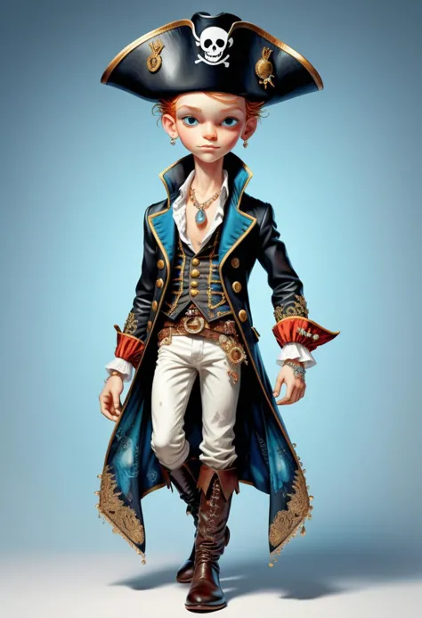 a cartoon pirate boy in a blue coat and hat