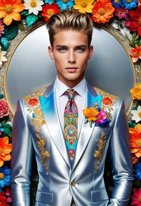 a close up of a man in a suit and tie standing in front of a flower wall