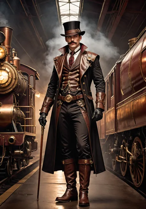 best quality, distinguished slim male steampunk adventurer in his 30's, preparing for a locomotive train adventure, steampunk designed locomotive train adventure, hat, vest, long-tailed coat, walking stick, boots, leather, silk, gun belts, steampunk, dressed for adventure, mean, selfish, villain, moustache, copper black crimson gold color palette, volumetric lighting, cinematic full body shot <lora:SDXLFaeTastic2400:0.7> <lora:repair_slider:1> <lora:fix_hands:1> ziprealism