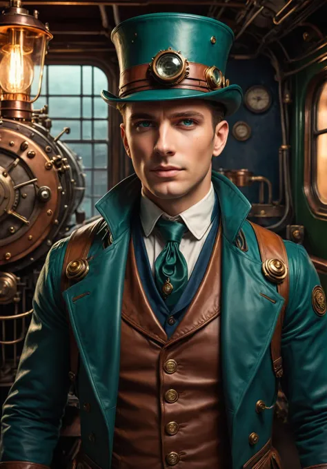 cinematic close up Head portrait, best quality, distinguished slim male steampunk adventurer in his 20's, preparing for a locomotive train adventure, steampunk designed locomotive train adventure, hat, vest, coat, leather, silk, dressed for adventure, friendly, camaraderie, copper aquamarine navy green gold color palette, volumetric lighting.  <lora:SDXLFaeTastic2400:0.7> <lora:repair_slider:1> <lora:fix_hands:1> ziprealism