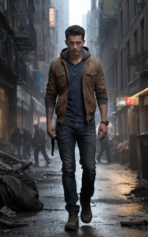 a man walking down a street in a city with buildings