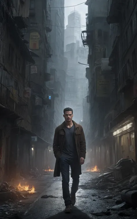 a man walking down a street in a city with buildings