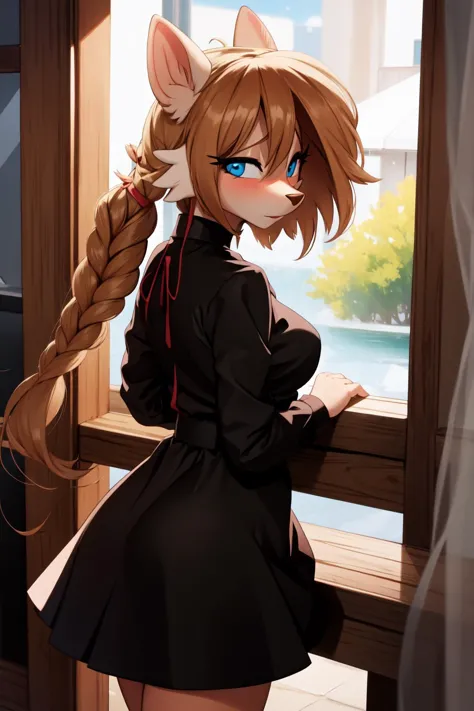 anime girl with long hair and blue eyes looking out a window