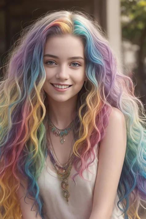 1girl,(wavy rainbow hair:1.2), necklace,  (standing:1.3),  smile,  pale skin, (detailed face:1.2), (photorealistic:1.5), (master...