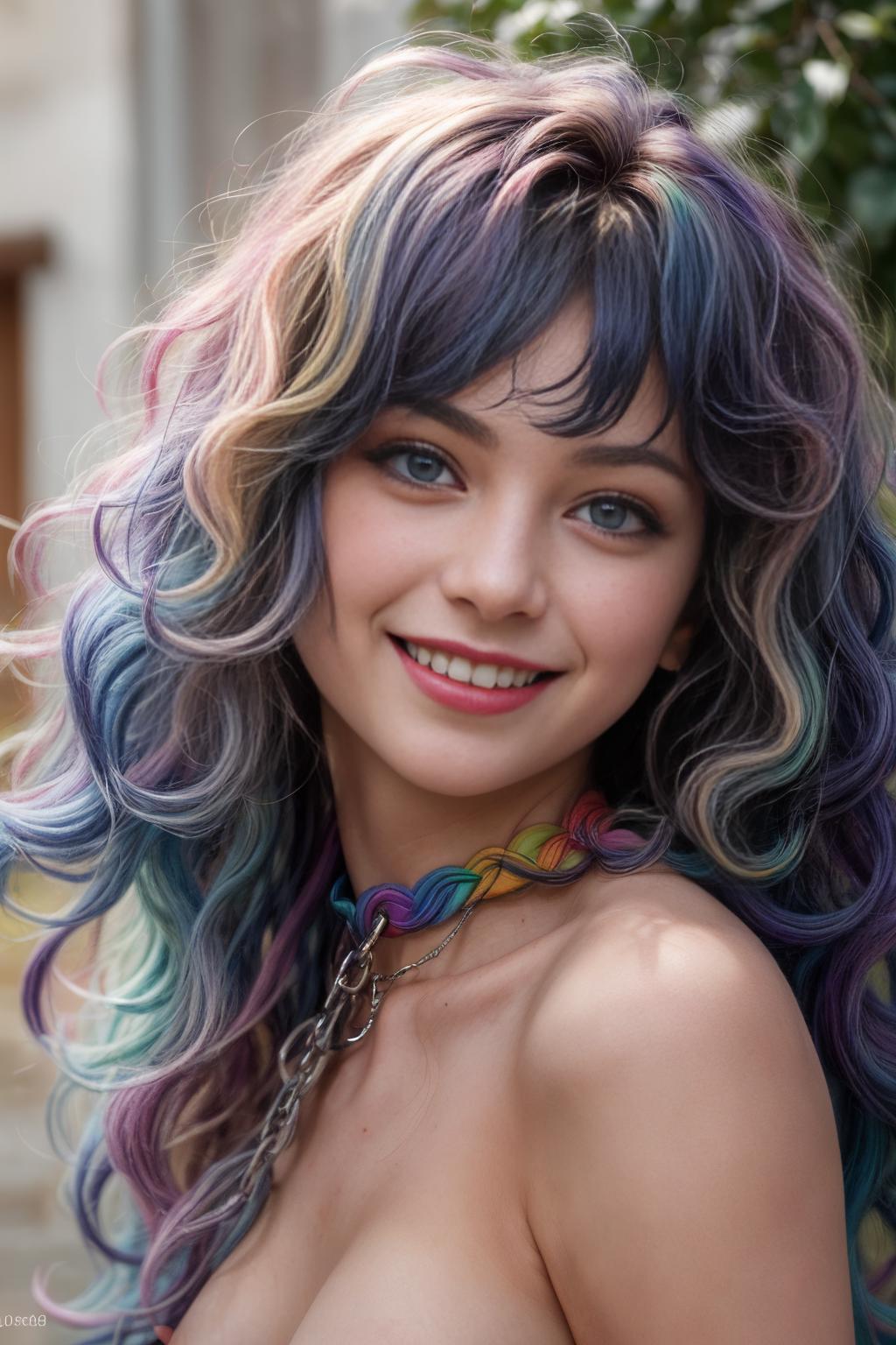 A close up of a woman with colorful hair and a necklace - SeaArt AI