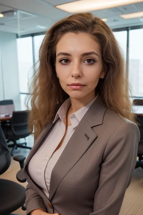 close up of a woman in a business suit standing in a conference room, the woman has worked all night, wrinkled clothes, frizzy h...