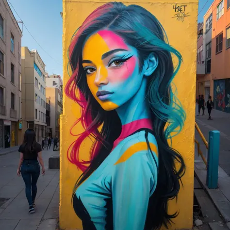 Street Art, Showcase the vibrant energy of a girl with medium-length hair posing against a backdrop of colorful street art, Emphasize the interaction between the subject and the urban art, creating a dynamic composition, (best-quality, masterpiece, photo-realistic)1.2, 0001SRGoodPictureV3