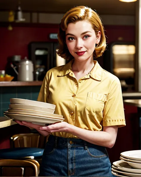 waitress walking holding a stack of plates 1950's American diner, 50s, photo, Photorealistic, Hyperrealistic, Hyperdetailed, ana...
