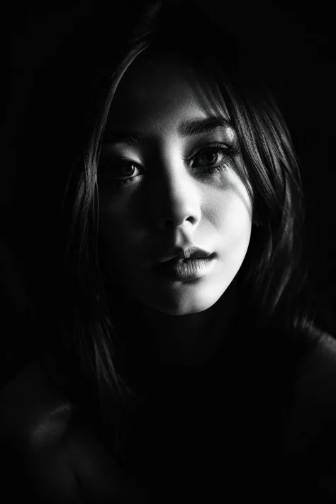 black and white portrait of a woman with long hair