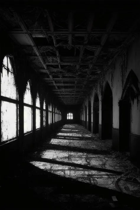 liminalspaces, hallways, empty room, wallpaper, weird,  style-gothic-horror in distance