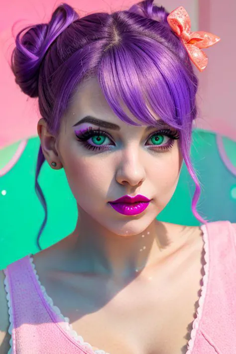 hyper realistic pastel goth girl, vibrant, bright, purple long curly hair put up into two large messy buns adorned with bright p...