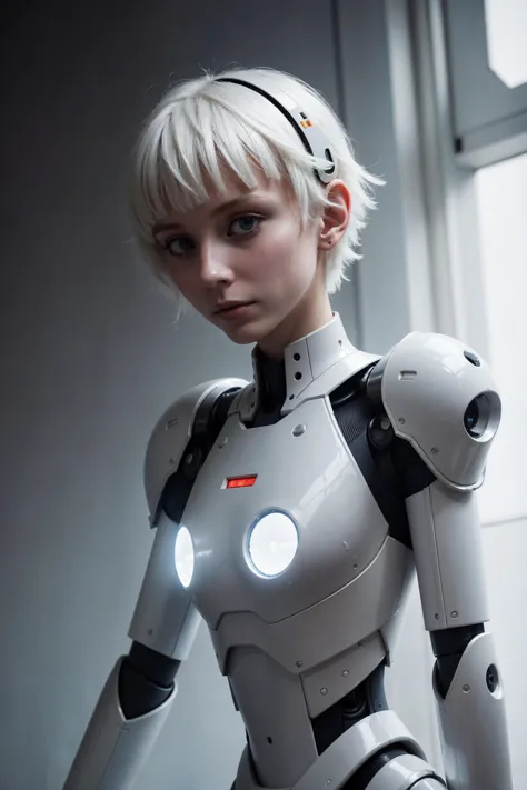 robot, (dynamic angle:1.2), futuristic city, (short white hair:1.1), photo of skinny (robotic girl:1.2), (mechanical arms:1.2), ...