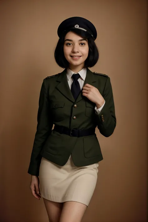 masterpiece, (best quality:1.2), solo, (1girl), ((dark skinned)), clear facial features, black eyes, dark skin, makeup, looking at viewer, ((black hair, Pageboy Haircut )), ((( British Auxiliary Territorial Service (ATS) Uniform: Khaki, service dress with jacket and skirt, shirt and tie, service cap, rank insignia ))), she is smiling, retro, cinematic, high contrast, spot light, full body shot, action scene, Emergency Lighting , by Andreas Gursky , ((south american jungle:1.5))  <lora:PAseer-SD15-LCM Quick:1>  <lora:skinny_new_skin:.3>  <lora:j14n16:1> j14n16 <lora:FujifilmFujichromeProvia400X:1>