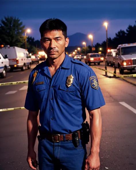 policeman, Native American, small town in background, (night crime scene:1.2), 1990s. 90s, Photorealistic, Hyperrealistic, Hyperdetailed, analog style, detailed skin, matte skin, soft lighting, subsurface scattering, realistic, heavy shadow, masterpiece, best quality, ultra realistic, 8k, golden ratio, Intricate, High Detail, film photography, soft focus