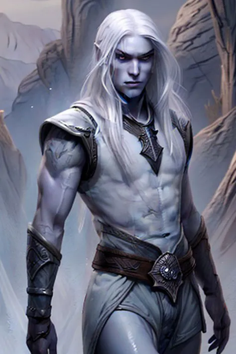 Young beautiful male drow rogue with fade to white grey skin, long straight shiny white hair, blue grey eyes, thin long face, ro...