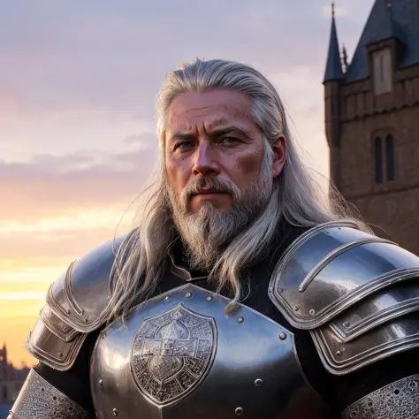 nighttime, wearing medieval armor, medieval castle in background, photo of old warrior man with silver beard, long silver hair, ...