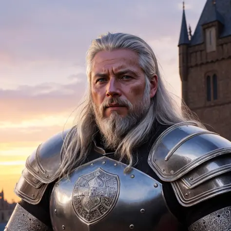 nighttime, wearing medieval armor, medieval castle in background, photo of old warrior man with silver beard, long silver hair, wrinkled skin, the best picture, scars on face, (highly detailed face:1.4), pale skin, (detailed skin texture:1.2), 8K, (photorealistic:1.5), ultrasharp, (masterpiece), best quality, (extremely detailed:1.3), <lyco:GoodHands-beta2:1.0>, perfect hands,