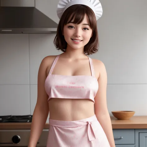 NSFW, photo de (jolie fille de 20 ans:1.2) dans la cuisine, (tablier nu avec imprimé:1.2), rougir, (toque de chef:1.2), (Gros seins:1.1), (sourire:1.2), Fumée, peau pâle, Visage détaillé, (texture de peau détaillée:1.2), lumière volumétrique, éclairage parfait, (Photoréaliste:1.5), ultra-tranchant, (chef-d&#39;œuvre), Meilleure qualité, (extrêmement détaillé:1.3), 