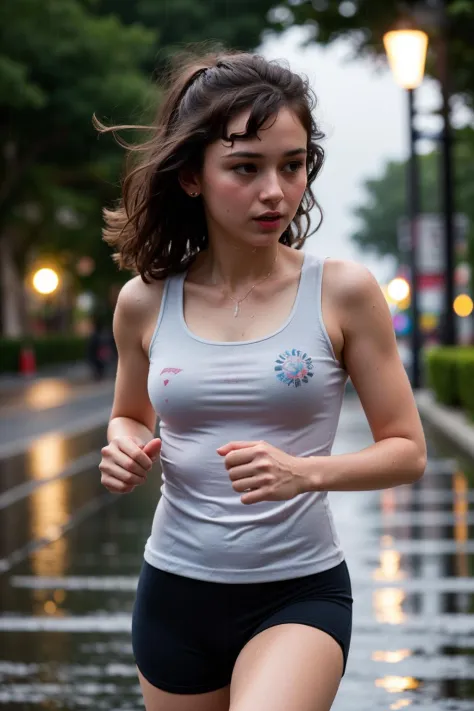 (midnight:1.2), Street lights, 25yo fitgirl (jogging:1.1) in the street,  wet skin, looking to the side, (raindrops:1.2), outdoo...