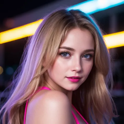 (dynamic angle:1.3), (beautiful face:1.2), dark sky, (nighttime:1.2), neon lights, photo of (happy:1.2) girl in the neon street, upper body, looking to the side,   satin top, (long:1.2) blonde hair, volumetric light, masterpiece, 8k, (best quality:1.3), (i...