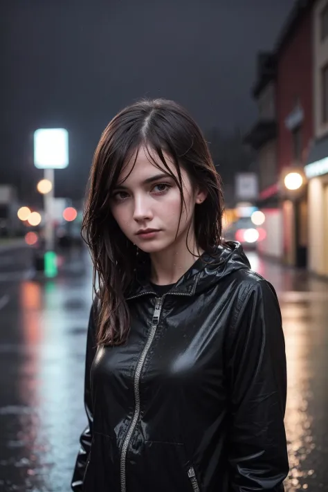 (dynamic angle:1.1), (cute face:1.2), dark sky, (nighttime:1.2), (rainy weather:1.2), photo of angry girl in the street, looking...