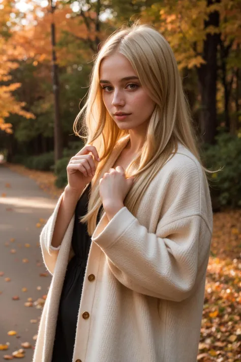 beautiful girl wearin in oversized clothes points her finger at the viewer,  long blonde hair, (upper body:1.2), autumn leaves, ...