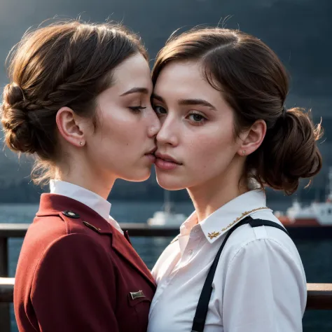 (2 girls:1.2), kissing, ( freckles:0.8), perfect eyes, chestnut bun hair, Style-GravityMagic, upper body, (detailed background:1.2), detailed face, (dieselpunk, ww2 dieselpunk theme:1.1), ship captain, calm, orange admiral uniform, dynamic movement, in port, rigging, rail, ship wheel, island in background, overcast, (dramatic lighting:1.2), tense atmosphere, volumetric light, masterpiece, 8k, perfect lighting, (complimentary colors:1.2), (best quality:1.3), dramatic lighting, (intricate details:1.1), subsurface scattering, ultrarealistic,