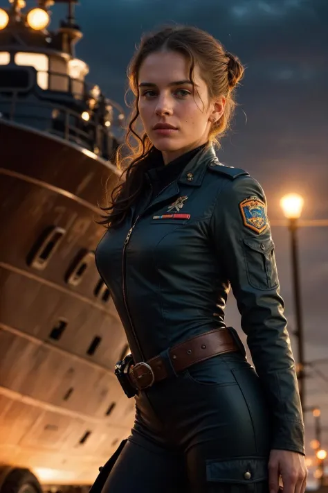 (2 girls:1.2), ( freckles:0.8), perfect eyes, chestnut bun hair, Style-GravityMagic, upper body, (detailed background:1.2), detailed face, (dieselpunk, ww2 dieselpunk theme:1.1), ship captain, calm, orange admiral uniform, dynamic movement, in port, rigging, rail, ship wheel, island in background, overcast, (dramatic lighting:1.2), tense atmosphere, volumetric light, masterpiece, 8k, perfect lighting, (complimentary colors:1.2),  dramatic lighting, (intricate details:1.1), subsurface scattering, ultrarealistic, 0001SRGoodPictureV3