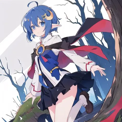 highest quality, clean lines, masterpiece, beautiful eyes, 
 <lora:SO2-Rena Lanford:.8> rena lanford, short_hair, hair_ornament, crescent_hair_ornament, blue_hair, blue_eyes, elf, (ahoge.7), cape, skirt
standing on tree stump, calm expression