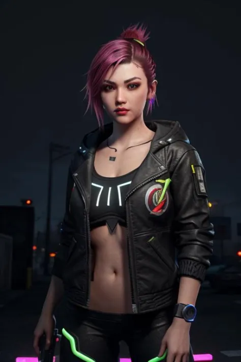 masterpiece,best quality, 1girl, cyberpunk, street jacket, multicolored hair, third person shooter gameplay, in night town, uppe...