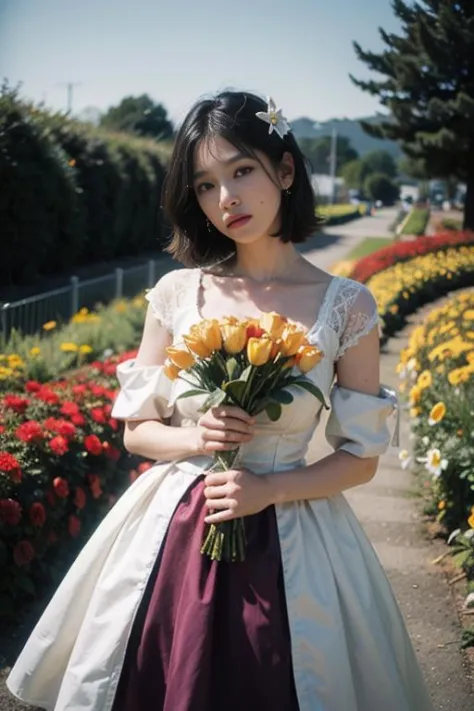 woman, flower dress, colorful, darl background,flower armor,green theme,exposure blend, medium shot, bokeh, (hdr:1.4), high contrast, (cinematic, teal and orange:0.85), (muted colors, dim colors, soothing tones:1.3), low saturation,