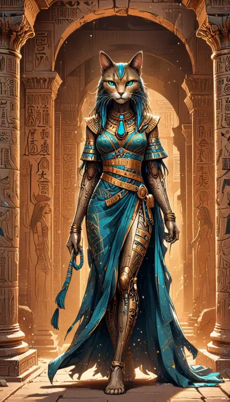 line art drawing sleek mad-cbrpnksplshrt egyptian cat goddess Bastet, walking out of a darkened elaborate sandstone temple, time...