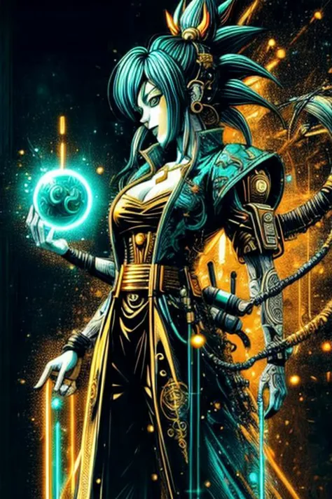 Princess Belle cyberpunk, golden ratio, Dragon ball Z, golden outlines, highly detailed, 8k, shiny aura <lora:Splash_Art_SD1.5:1...