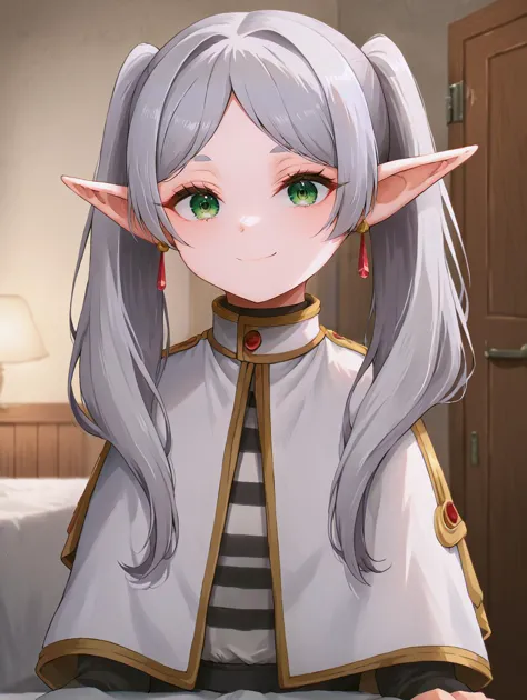 et gome et negi, by et gome et negi, sourire, bouche fermée, petit sourire satisfait, en hautper body,  geler, 1fille, cheveux longs, Twintails, yeux verts, cheveux gris, oreilles pointues, elfe, chemise, manches longues, bijoux, collants, des boucles d&#39;oreilles, rayé, black collants, capelet, rayé chemise,, score_9, score_8_en haut, score_7_en haut, source_animé, chef-d&#39;œuvre, Meilleure qualité, fond très détaillé, Éclairage cinématographique, yeux détaillés, visage parfait,, Paresseux, chambre d&#39;adolescent, désordonné, Chambre à coucher, drap de lit, placard,