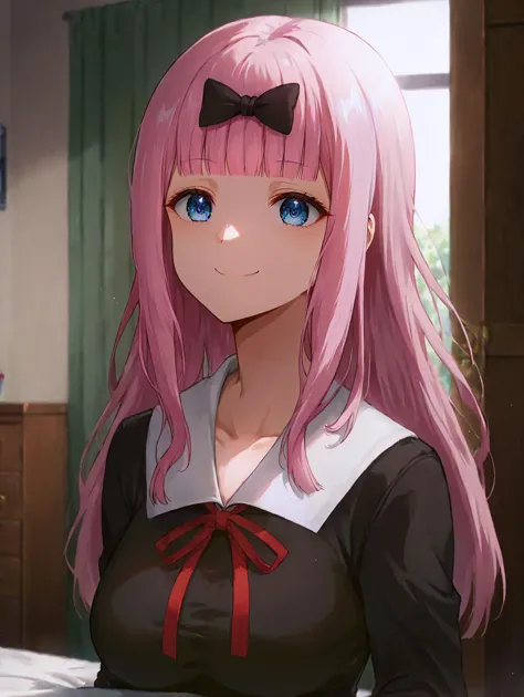 anime girl with pink hair and blue eyes sitting on a bed