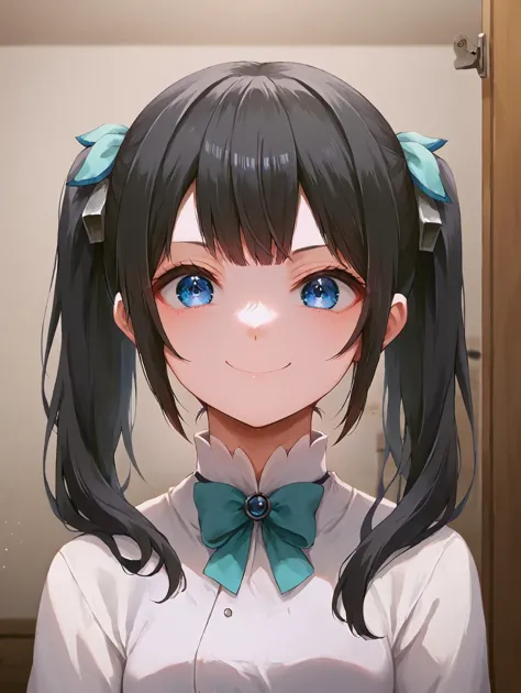 anime girl with long black hair and blue eyes in a white shirt