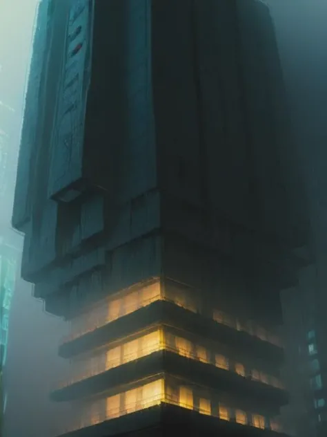 Block, der in der Luft fliegt, Schwarzer Rauch, blade runner, Architekturkomplex, Neon, Science-Fiction, dunkel, brutalist 