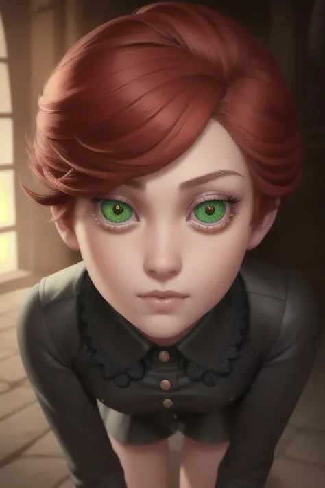 a woman with red hair and green eyes is standing in a room